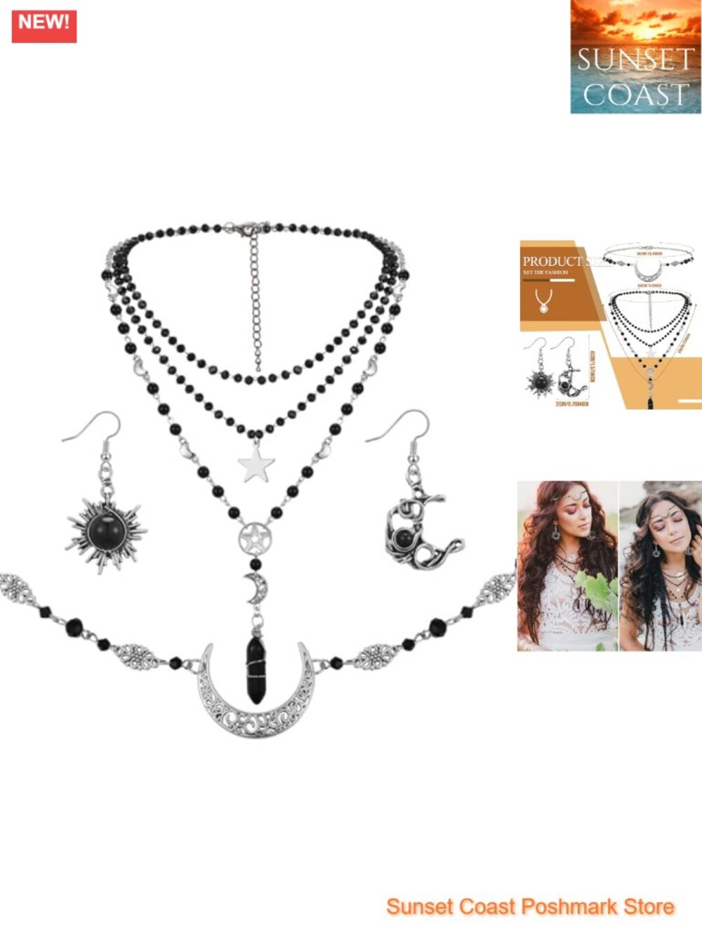 Gothic Sun Moon Jewelry Set Alloy Metal PU Leather Crystal Choker Earrings